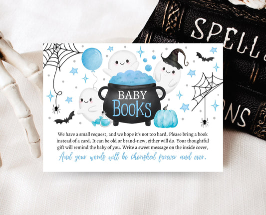 Editable Blue Halloween Baby Book Insert Card, Blue Witch Baby Shower Baby Books, Boy A Little Boo Is Almost Due Book Request Card, HBSC09