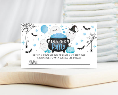 Editable Blue Halloween Baby Shower Diaper Raffle Ticket, Blue Boy Witch Baby Shower Game, A Little Boo Shower Diaper Raffle Game, HBSC09