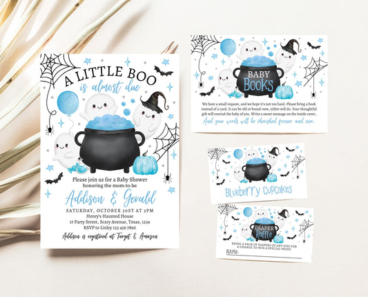 Editable A Little Boo Is Almost Due Halloween Baby Shower Invitation Bundle, Blue Halloween Baby Shower Invitation, Boy Baby Shower, HBSC09