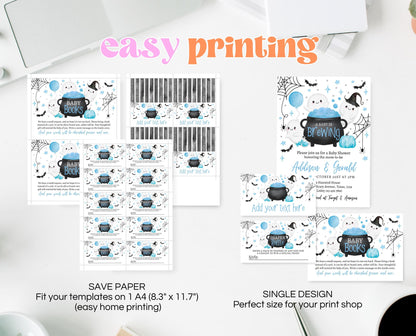 Editable A Baby Is Brewing Halloween Baby Shower Invitation Bundle, Blue Halloween Baby Shower Invite, Boy Baby Shower, Printable, HBSC09