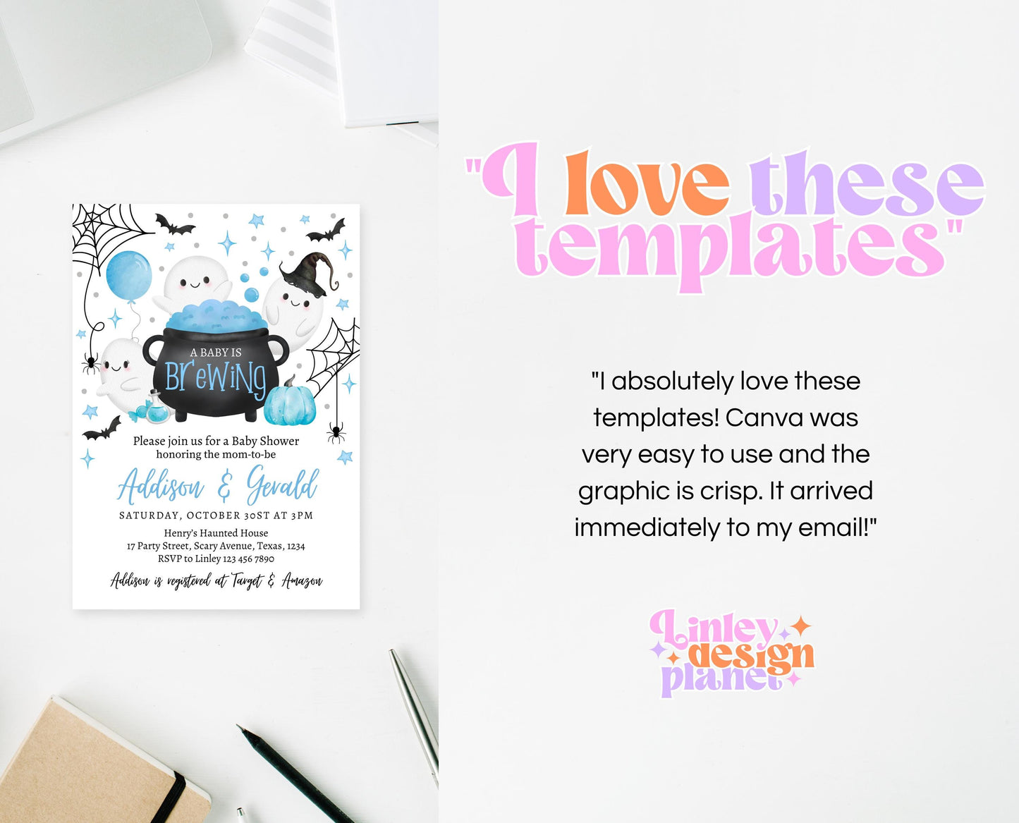 Editable A Baby Is Brewing Halloween Baby Shower Invitation Bundle, Blue Halloween Baby Shower Invite, Boy Baby Shower, Printable, HBSC09
