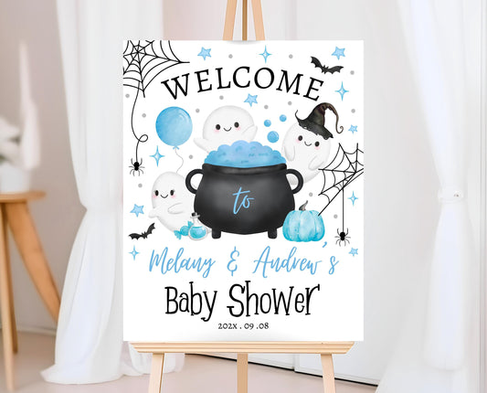 Editable Little Boo Baby Shower Welcome Sign, Blue Ghost, Boy Baby Shower Welcome Poster, Halloween Pink Sign, Ghost Baby Shower, HBSC09