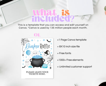 Diaper Raffle Sign Halloween Baby Shower, Blue Baby Shower Game, Printable Halloween Sign, A Little Boo Is Almost Due Baby Shower, HBSC09