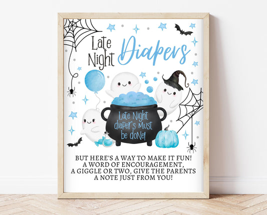 Late Night Diapers Sign Halloween Baby Shower, Blue Halloween Baby Shower, Printable Sign, A Little Boo Is Almost Due Baby Shower, HBSC09