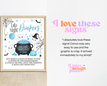 Editable A Little Boo Is Almost Due Halloween Baby Shower Sign Bundle, Halloween Baby Shower Sign Set, Printable Blue Halloween Sign, HBSC09