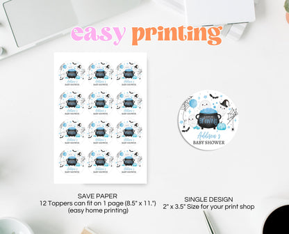 Editable A Little Boo Is Almost Due Baby Shower Cupcake Toppers, Blue Boy Baby Shower Cake Topper, Halloween Baby Shower Toppers, HBSC09