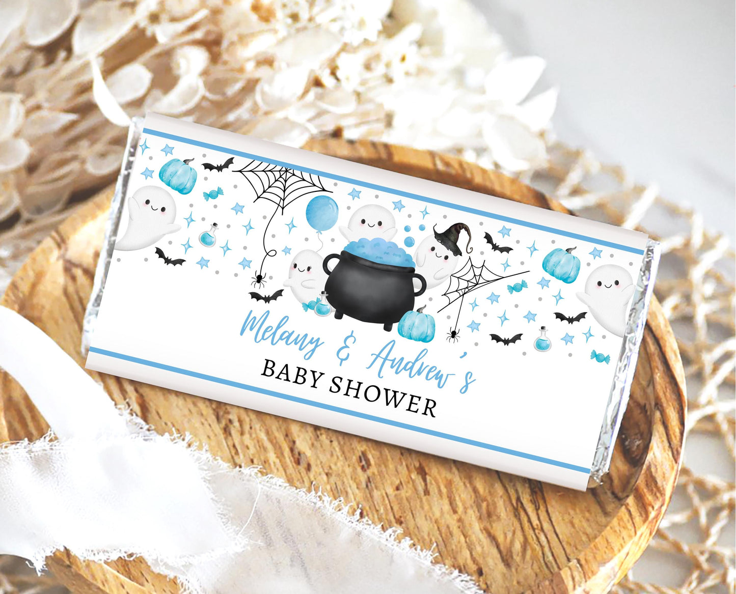 Editable Pink Halloween Baby Shower Chocolate Wrapper, Blue Witch Candy Bar Label, Girl A Little Boo Is Almost Due Chocolate Label, HBSC09