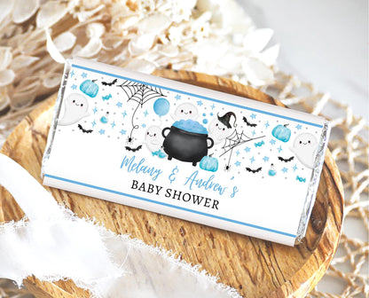 Editable Pink Halloween Baby Shower Chocolate Wrapper, Blue Witch Candy Bar Label, Girl A Little Boo Is Almost Due Chocolate Label, HBSC09