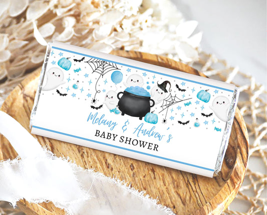 Editable Pink Halloween Baby Shower Chocolate Wrapper, Blue Witch Candy Bar Label, Girl A Little Boo Is Almost Due Chocolate Label, HBSC09