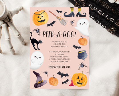 Editable Halloween Party Invitation, Modern Halloween Party Invite, Halloween PEEK-A-BOO Invite, Cute, Pink, Orange, Watercolour, Printable