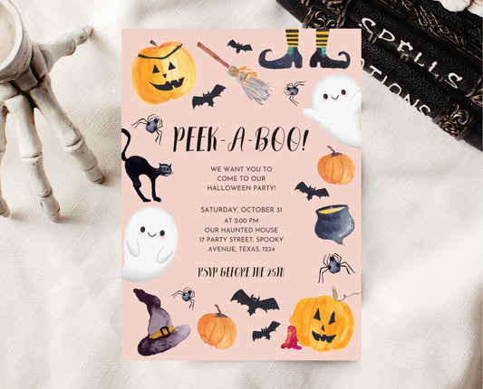 Editable Halloween Party Invitation, Modern Halloween Party Invite, Halloween PEEK-A-BOO Invite, Cute, Pink, Orange, Watercolour, Printable