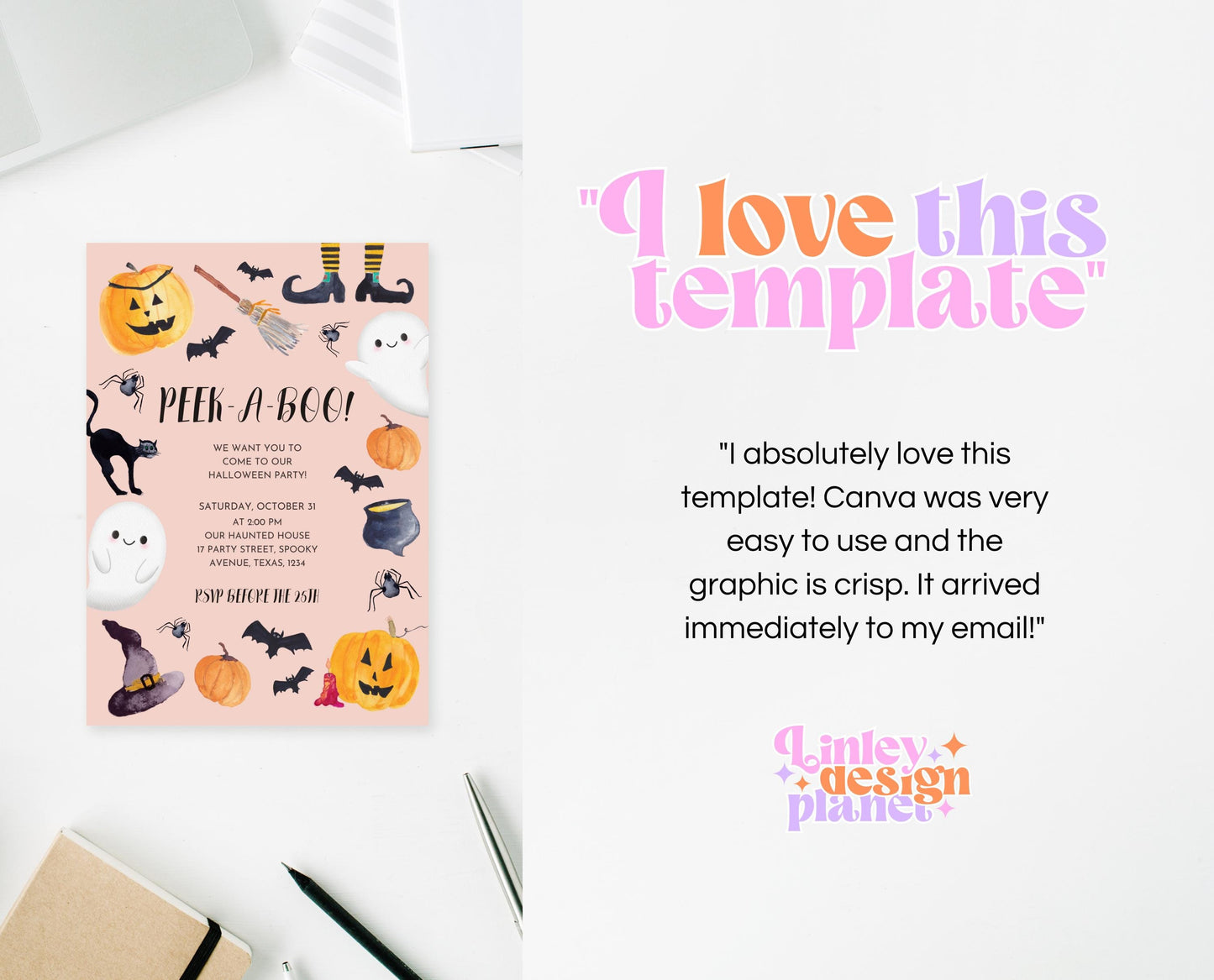 Editable Halloween Party Invitation, Modern Halloween Party Invite, Halloween PEEK-A-BOO Invite, Cute, Pink, Orange, Watercolour, Printable
