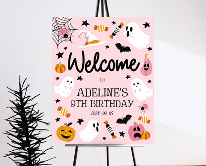 Editable Pink Halloween Birthday Welcome Sign, Halloween Costume Party, Spooky Birthday, Pink Halloween Welcome Poster, Printable, PHBP03