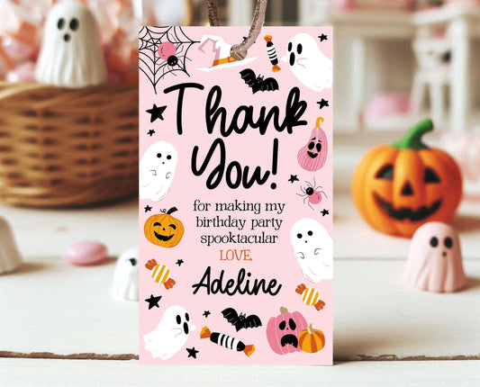 Editable Pink Halloween Favor Tag, Halloween Birthday Thank You Tag, Spooky Party Favors, Halloween Gift Tag Template, Printable, PHBP03