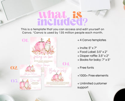 Editable Girl Fall Baby Shower Invitation Bundle, Pink Fall Pumpkin Baby Shower, Fall Floral Baby Shower, Autumn Baby Shower, Pink, FPBS02
