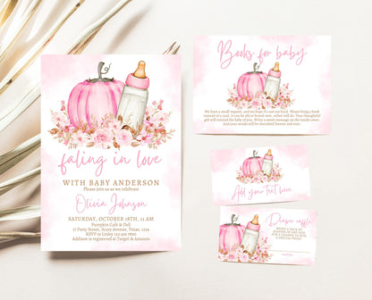 Editable Girl Fall Baby Shower Invitation Bundle, Pink Fall Pumpkin Baby Shower, Fall Floral Baby Shower, Autumn Baby Shower, Pink, FPBS02