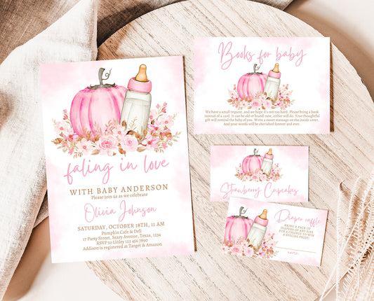 Editable Girl Fall Baby Shower Invitation Bundle, Pink Fall Pumpkin Baby Shower, Fall Floral Baby Shower, Autumn Baby Shower, Pink, FPBS02