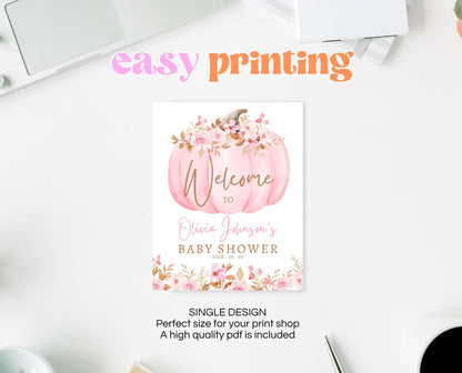 Editable Fall Baby Shower Welcome Sign, Pink Pumpkin Baby Shower Sign, Girl Baby Shower, Pink Autumn Baby Shower, Welcome Poster, FPBS04