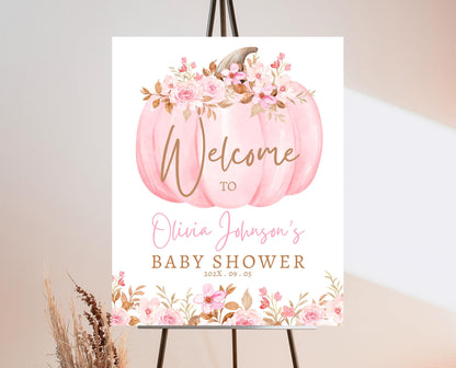 Editable Fall Baby Shower Welcome Sign, Pink Pumpkin Baby Shower Sign, Girl Baby Shower, Pink Autumn Baby Shower, Welcome Poster, FPBS04