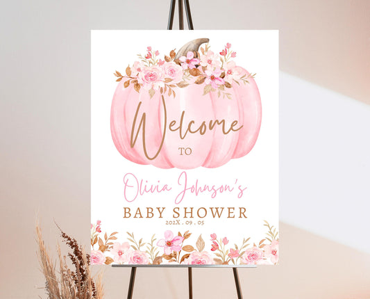 Editable Fall Baby Shower Welcome Sign, Pink Pumpkin Baby Shower Sign, Girl Baby Shower, Pink Autumn Baby Shower, Welcome Poster, FPBS04