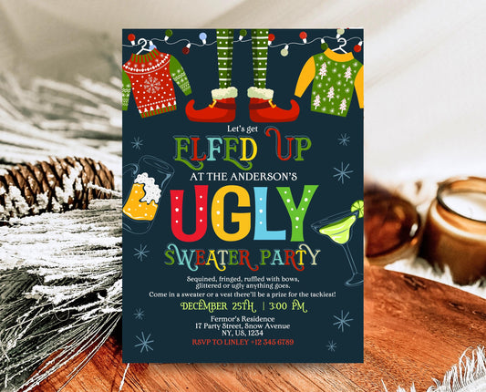 Ugly Sweater Party Invitation Template, Christmas Ugly Sweater Invite, Ugly Sweater Party, Elfed Up Ugly Sweater Party, Instant Download