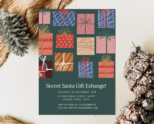 Editable Secret Santa Gift Exchange Invitation, Santa Holiday Gift Exchange Party, Christmas Gift Exchange Party Invite, Instant Download