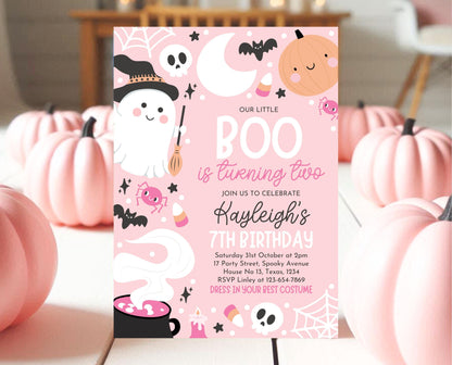 Editable Pink Halloween Birthday Invitation, Halloween Second Birthday Invitation, Little Boo Turning Two, Pink Halloween Invitation, PHBP04