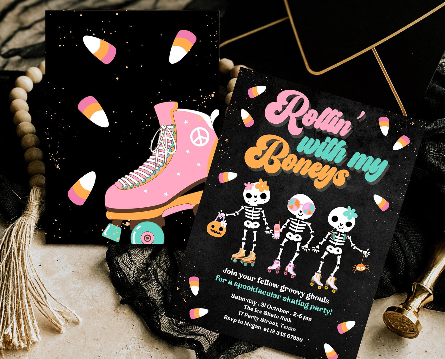 Editable Rollin' With My Boneys Halloween Skating Party Invitation Template, Halloween Skate Party Invitation, Retro Halloween Skate Invite