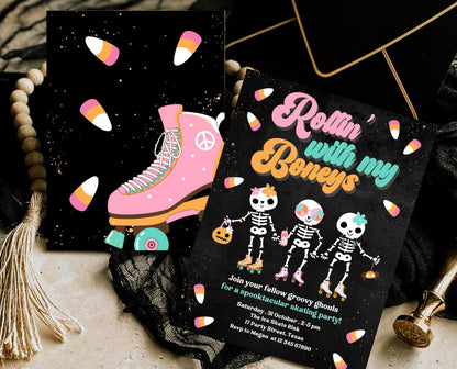 Editable Rollin' With My Boneys Halloween Skating Party Invitation Template, Halloween Skate Party Invitation, Retro Halloween Skate Invite