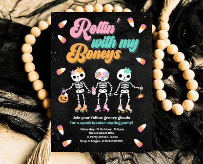 Editable Rollin' With My Boneys Halloween Skating Party Invitation Template, Halloween Skate Party Invitation, Retro Halloween Skate Invite