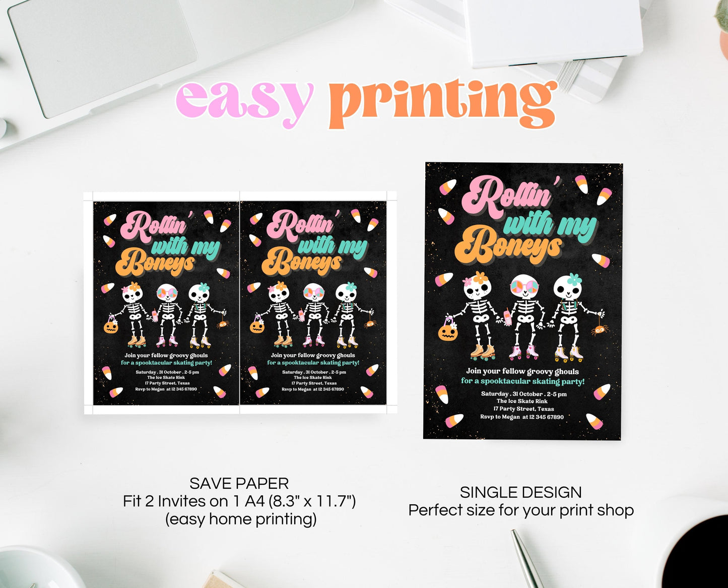 Editable Rollin' With My Boneys Halloween Skating Party Invitation Template, Halloween Skate Party Invitation, Retro Halloween Skate Invite