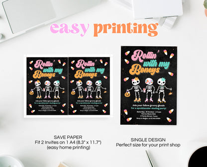 Editable Rollin' With My Boneys Halloween Skating Party Invitation Template, Halloween Skate Party Invitation, Retro Halloween Skate Invite