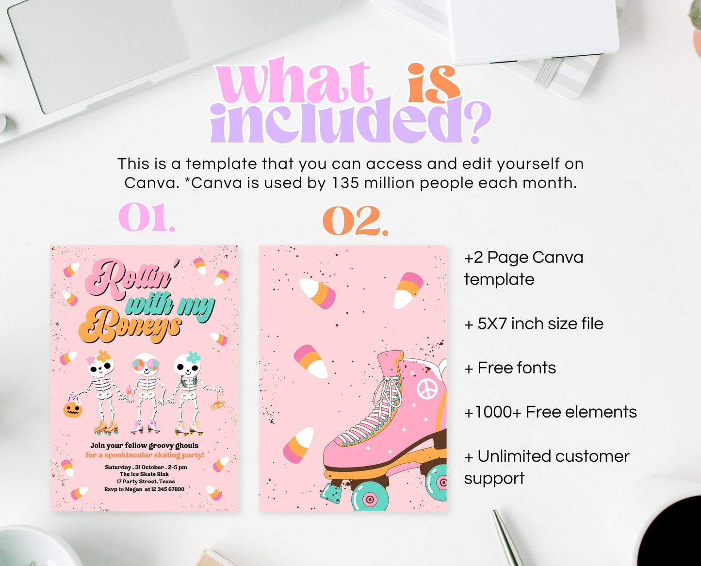 Editable Rollin' With My Boneys Halloween Skating Party Invitation Template, Halloween Skate Party Invitation, Retro Halloween Skate Invite