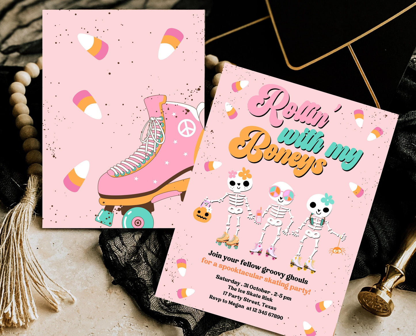 Editable Rollin' With My Boneys Halloween Skating Party Invitation Template, Halloween Skate Party Invitation, Retro Halloween Skate Invite