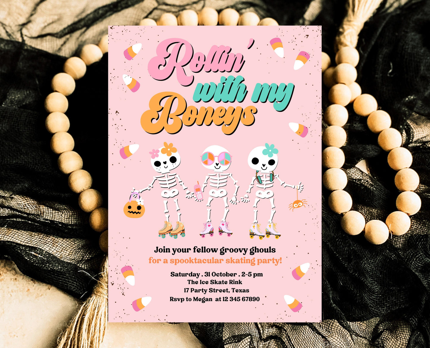 Editable Rollin' With My Boneys Halloween Skating Party Invitation Template, Halloween Skate Party Invitation, Retro Halloween Skate Invite