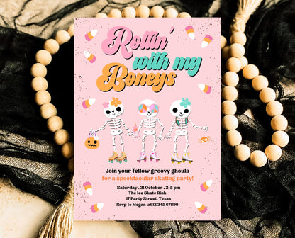 Editable Rollin' With My Boneys Halloween Skating Party Invitation Template, Halloween Skate Party Invitation, Retro Halloween Skate Invite