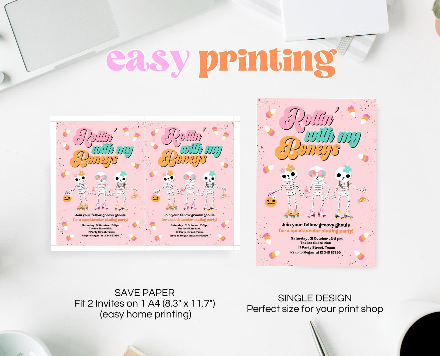 Editable Rollin' With My Boneys Halloween Skating Party Invitation Template, Halloween Skate Party Invitation, Retro Halloween Skate Invite