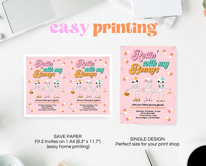 Editable Rollin' With My Boneys Halloween Skating Party Invitation Template, Halloween Skate Party Invitation, Retro Halloween Skate Invite