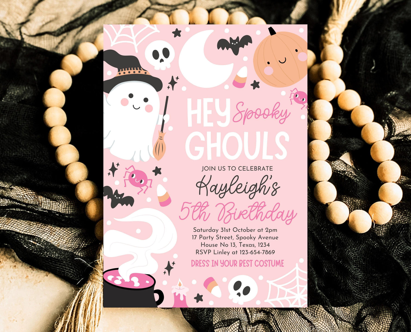 Editable Pink Halloween Birthday Invitation, Halloween Costume Party Invitation, Hey Ghouls Invitation, Pink Halloween Invitation, PHBP04