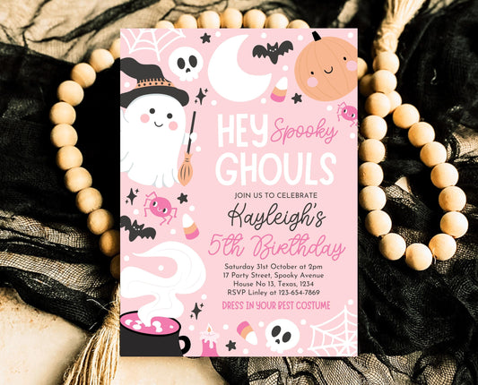 Editable Pink Halloween Birthday Invitation, Halloween Costume Party Invitation, Hey Ghouls Invitation, Pink Halloween Invitation, PHBP04