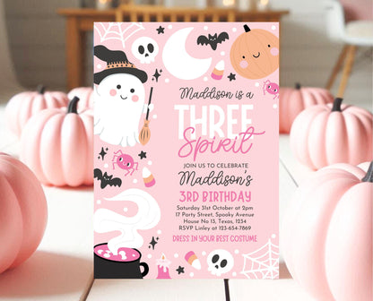 Editable Pink Halloween Birthday Invitation, Halloween Third Birthday Invitation, Three Spirit Invitation, Pink Halloween Invitation, PHBP04