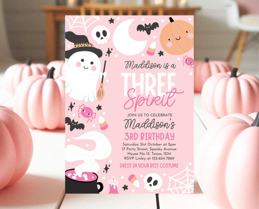 Editable Pink Halloween Birthday Invitation, Halloween Third Birthday Invitation, Three Spirit Invitation, Pink Halloween Invitation, PHBP04