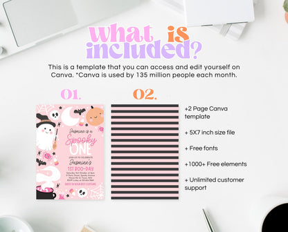 Editable Pink Halloween Birthday Invitation, Halloween First Birthday Invitation, Spooky One Invite, Pink Halloween Invitation, PHBP04