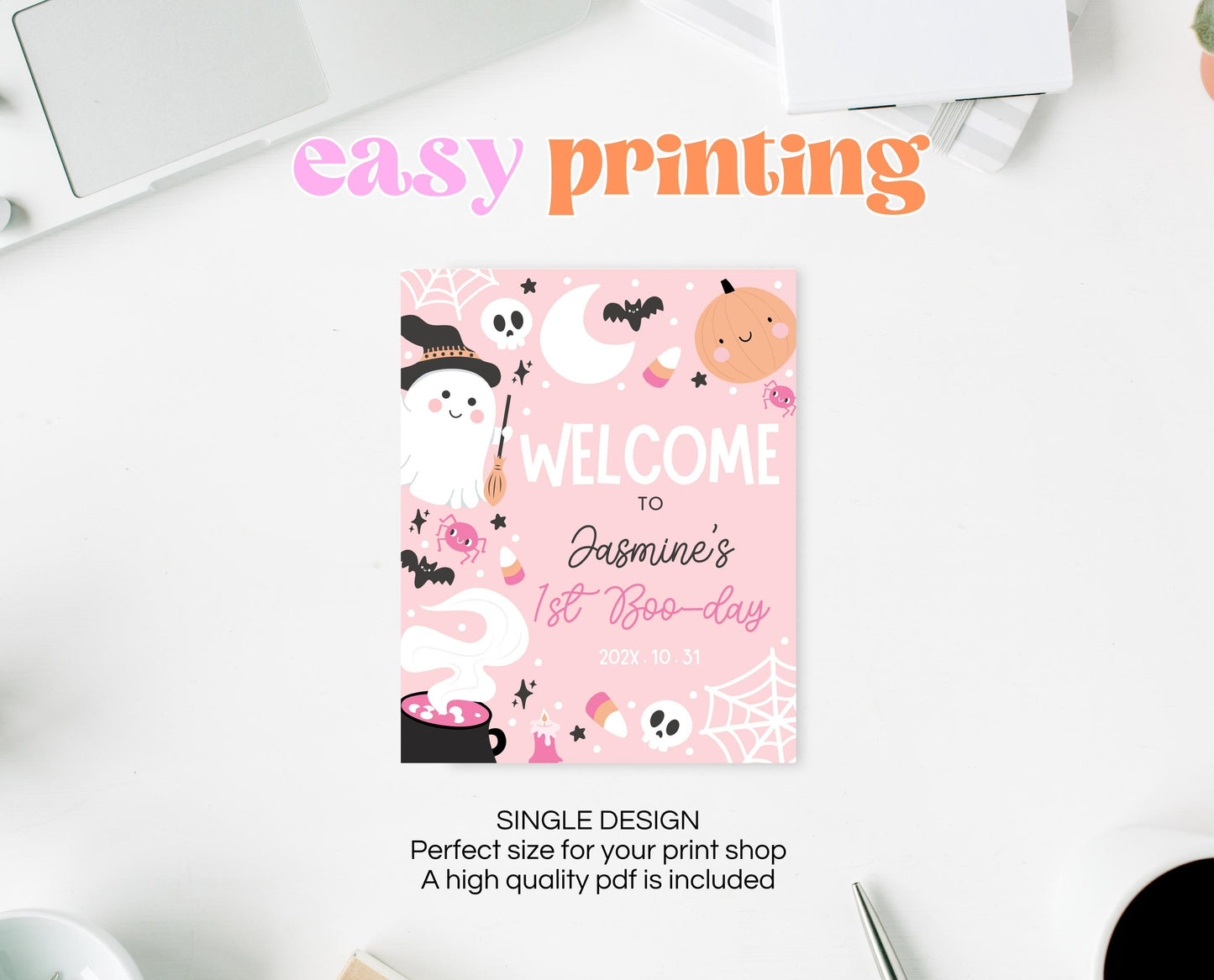 Editable Pink Halloween Birthday Welcome Sign, Halloween Party Welcome Poster, Ghouls Party, Pink Halloween Sign, Instant Download, PHBP04