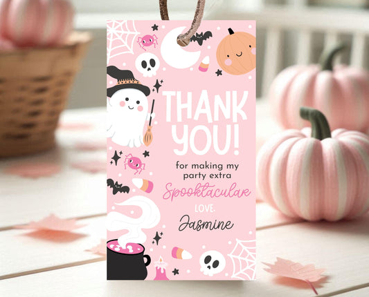 Editable Pink Halloween Favor Tag, Halloween Birthday Thank You Tag, Spooky Party Favors, Halloween Gift Tag Template, Printable, PHBP04