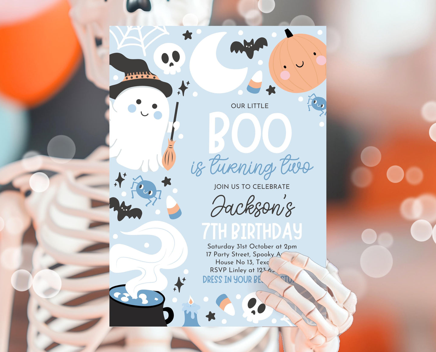 Editable Blue Halloween Birthday Invitation, Halloween Second Birthday Invitation, Little Boo Turning Two, Blue Halloween Invitation, PHBP05