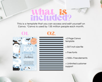 Editable Blue Halloween Birthday Invitation, Halloween Second Birthday Invitation, Little Boo Turning Two, Blue Halloween Invitation, PHBP05