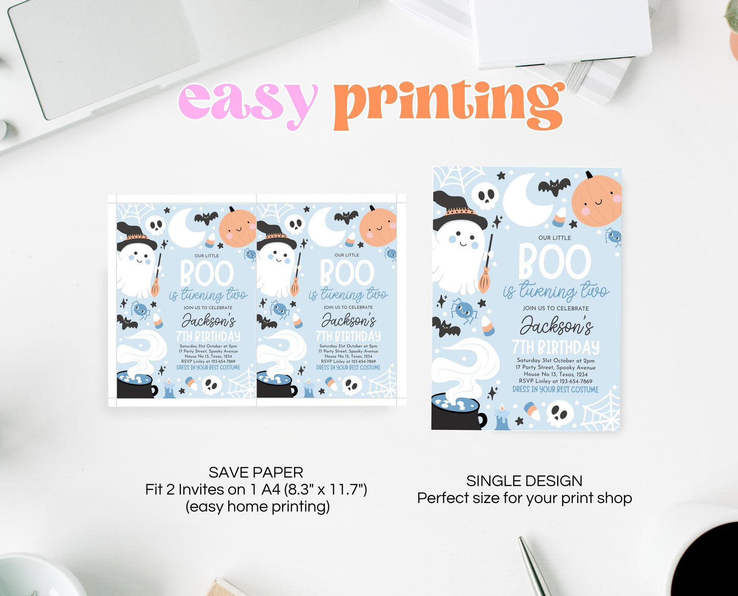 Editable Blue Halloween Birthday Invitation, Halloween Second Birthday Invitation, Little Boo Turning Two, Blue Halloween Invitation, PHBP05