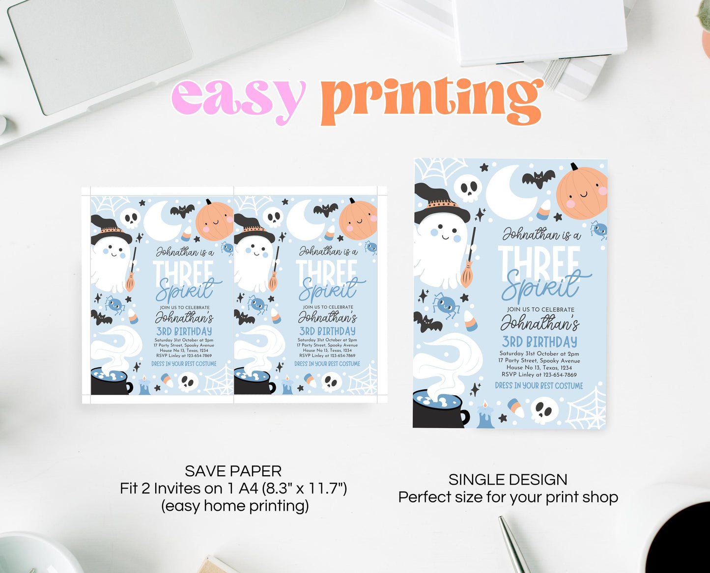Editable Blue Halloween Birthday Invitation, Halloween Third Birthday Invitation, Three Spirit Invitation, Blue Halloween Invitation, PHBP05