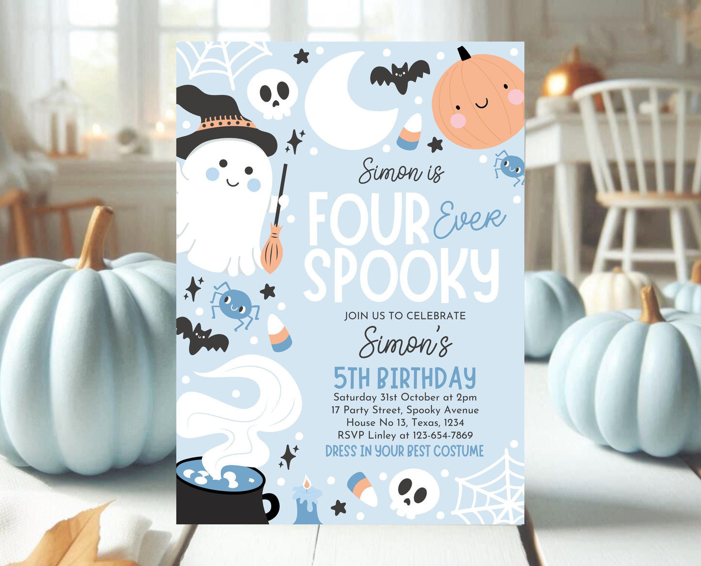 Editable Blue Halloween Birthday Invitation, Halloween Fourth Birthday Invitation, Four Ever Spooky Invite, Blue Halloween Invite, PHBP05